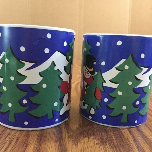 Christmas Mugs Snowman Tree Ceramic Everyday Gibson Set Of 2 Blue Green 8 oz Cup - Picture 4 of 12